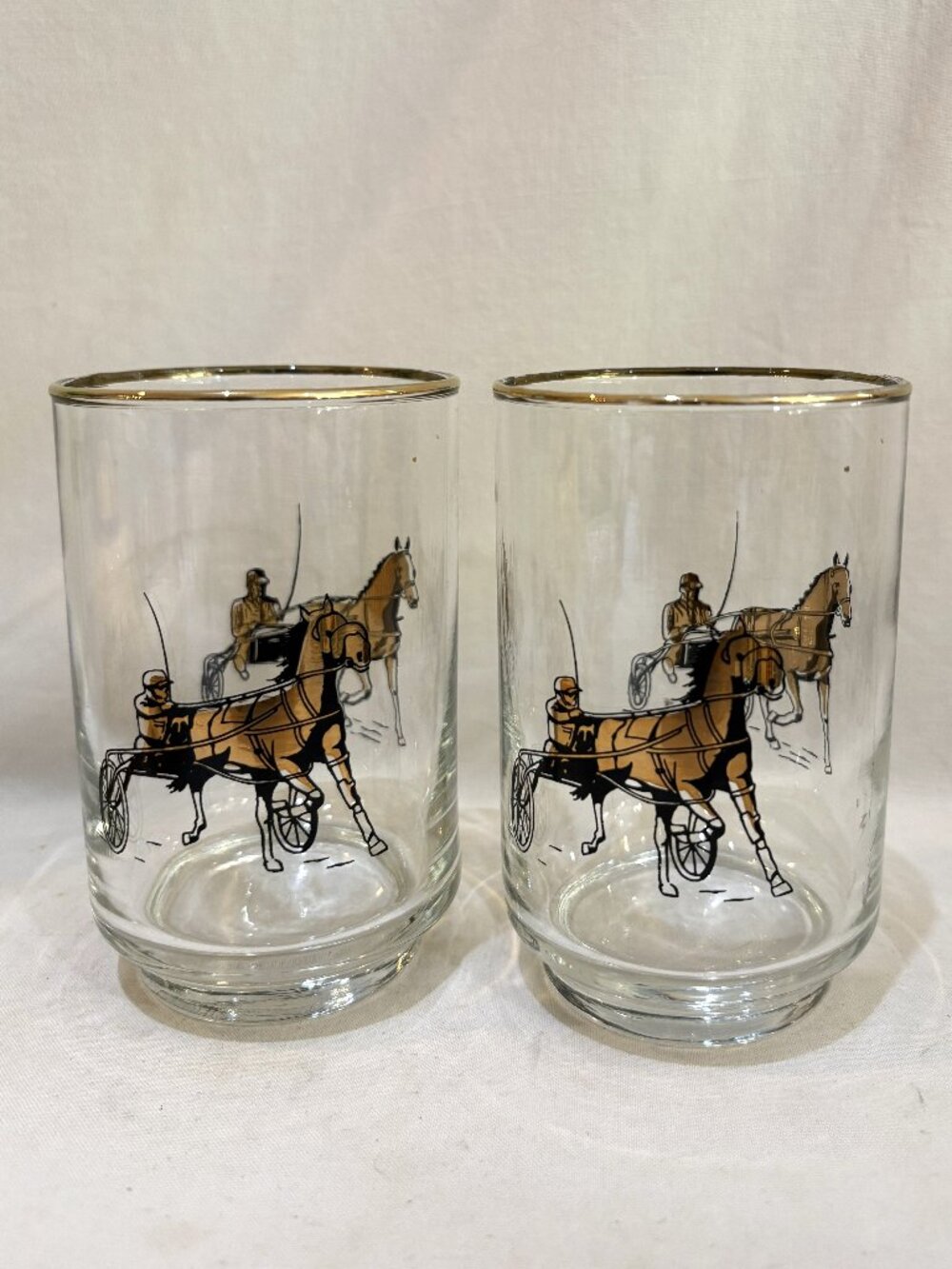 Pair of VTG MCM Libbey Glasses Gold and Black Harness Horse Sulky Racer